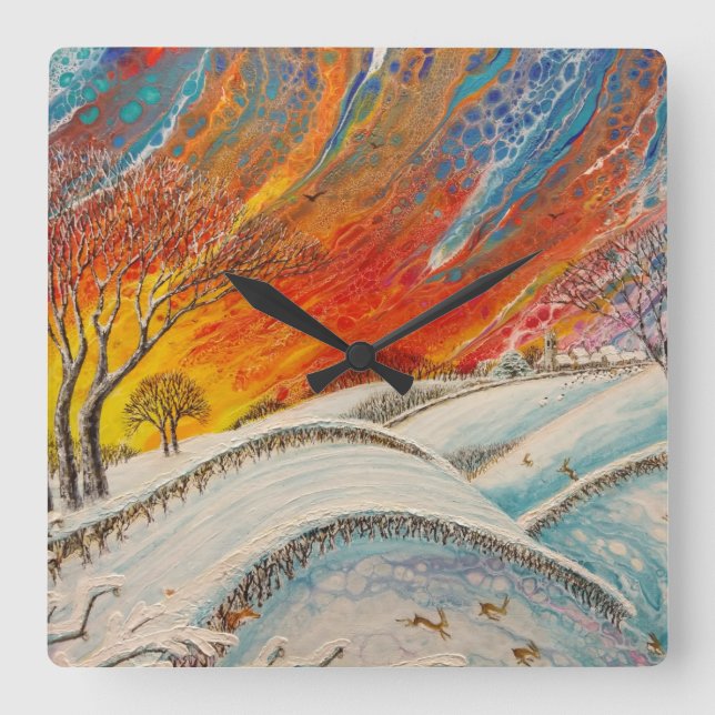 English Winterday Weihnachten Quadratische Wanduhr (Vorderseite)