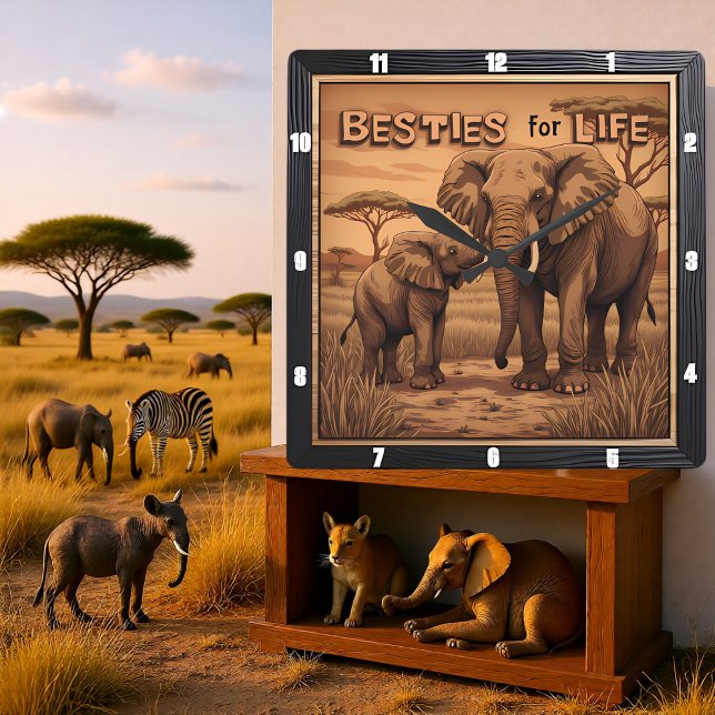 Engraved Besties Elephant Mother Calf Quadratische Wanduhr (Von Creator hochgeladen)