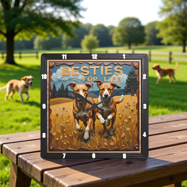 Engraved Dog Pair Blue Sky Field Quadratische Wanduhr (Von Creator hochgeladen)
