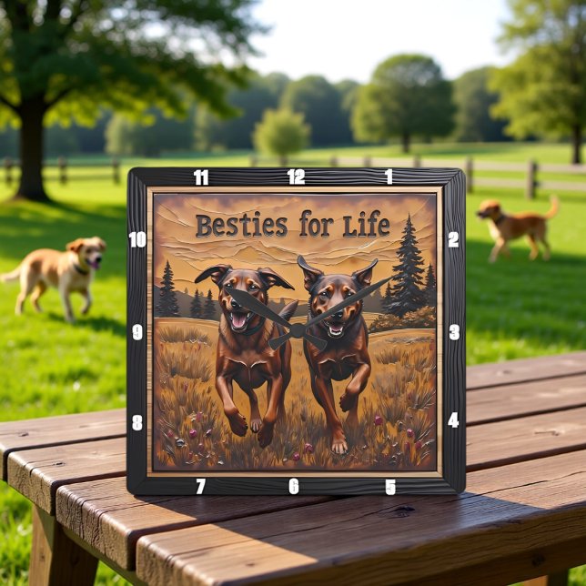 Engraved Dog Pair Happy Forest Quadratische Wanduhr (Von Creator hochgeladen)