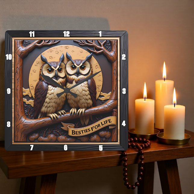 Engraved Owls Branch Banner Brown Quadratische Wanduhr (Von Creator hochgeladen)