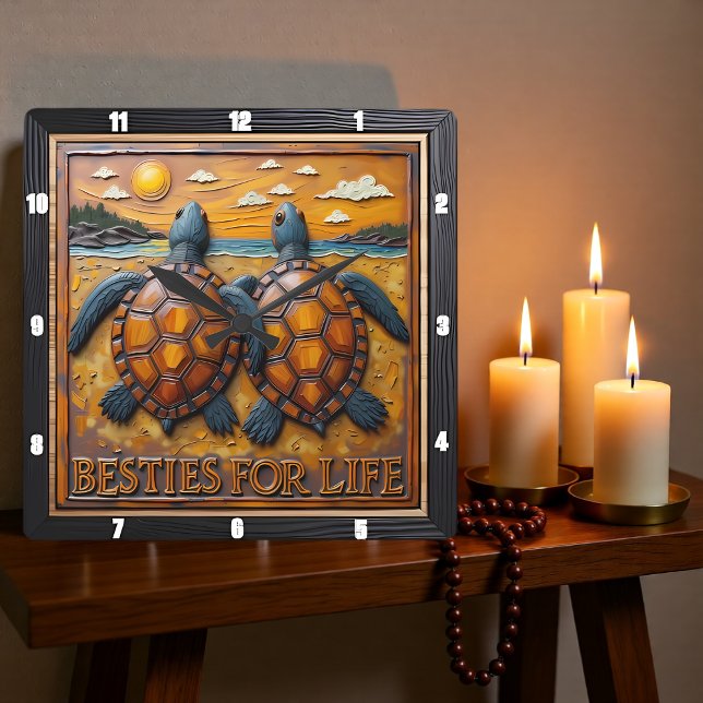Engraved Turtle Pair Blue Shore Quadratische Wanduhr (Von Creator hochgeladen)