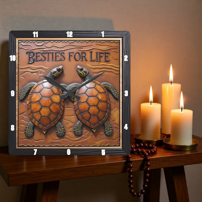 Engraved Turtle Pair Brown Monotone Quadratische Wanduhr (Von Creator hochgeladen)