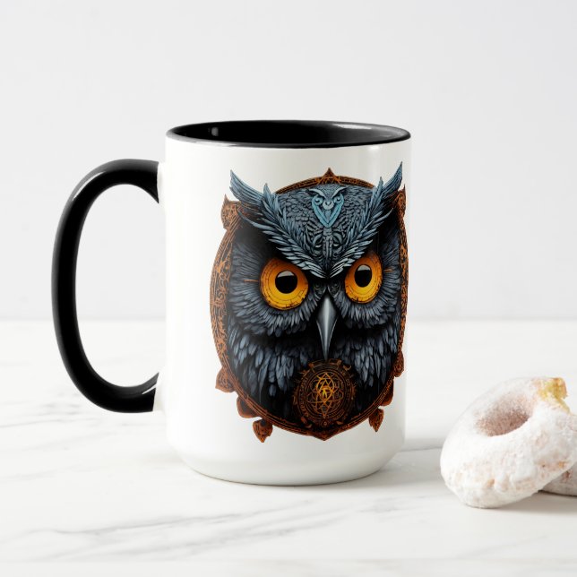 Enigma Ascendant: Apollyon Sigil Owl Weiße Tasse (Mit Donut)