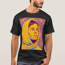 Enigmatic Brazilian Woman in Vibrant Pop Art T-Shirt