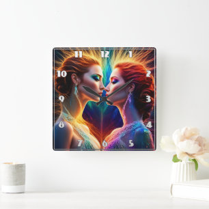 Enigmatische Dualität animierter rothaariger Model Quadratische Wanduhr