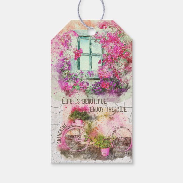 Enjoy The Ride Watercolor Bicycle With Flowers Geschenkanhänger (Vorderseite)