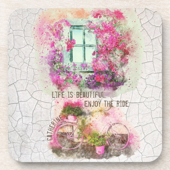 Enjoy The Ride Watercolor Bicycle With Flowers Getränkeuntersetzer (Vorderseite)