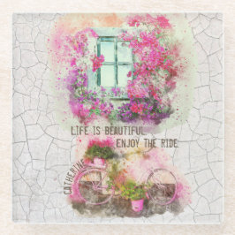 Enjoy The Ride Watercolor Bicycle With Flowers Glasuntersetzer