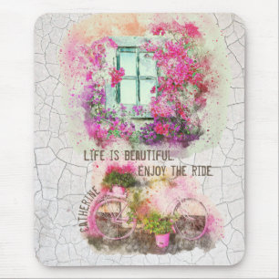 Enjoy The Ride Watercolor Bicycle With Flowers Mousepad