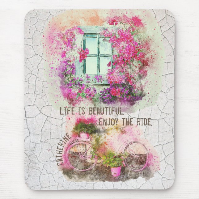 Enjoy The Ride Watercolor Bicycle With Flowers Mousepad (Vorne)