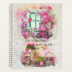 Enjoy The Ride Watercolor Bicycle With Flowers Planer