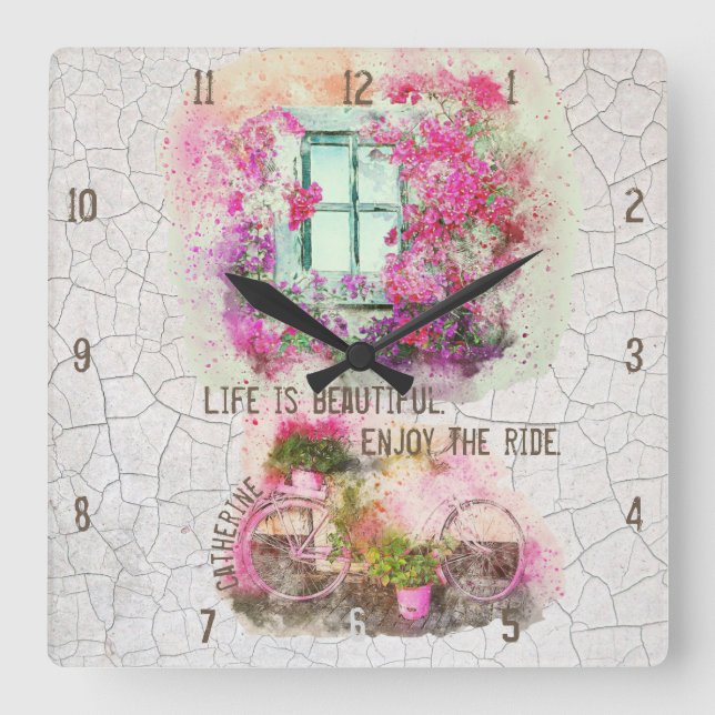 Enjoy The Ride Watercolor Bicycle With Flowers Quadratische Wanduhr (Vorderseite)
