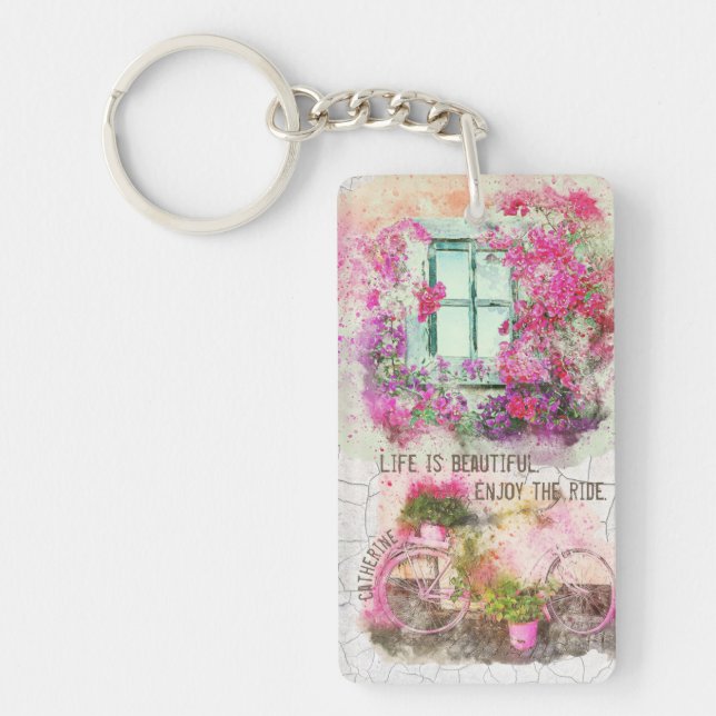 Enjoy The Ride Watercolor Bicycle With Flowers Schlüsselanhänger (Vorderseite)