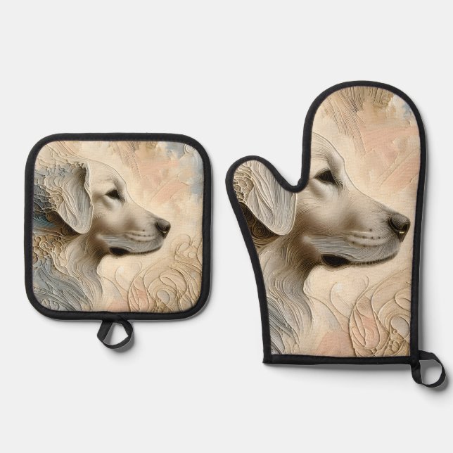 Enkaustischer Paint Portait eines Golden Retriever Ofenhandschuh & Topflappen-Set (Vorderseite)