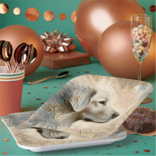 Enkaustischer Paint Portait eines Golden Retriever Pappteller