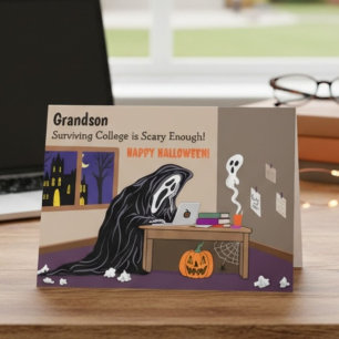 Enkel Grim Reaper beim Studium zu Halloween Karte
