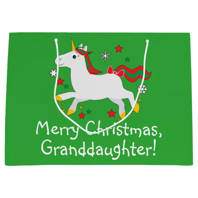 Enkelin-frohe Weihnachten mit CartoonUnicorn Große Geschenktüte (Vorderseite)