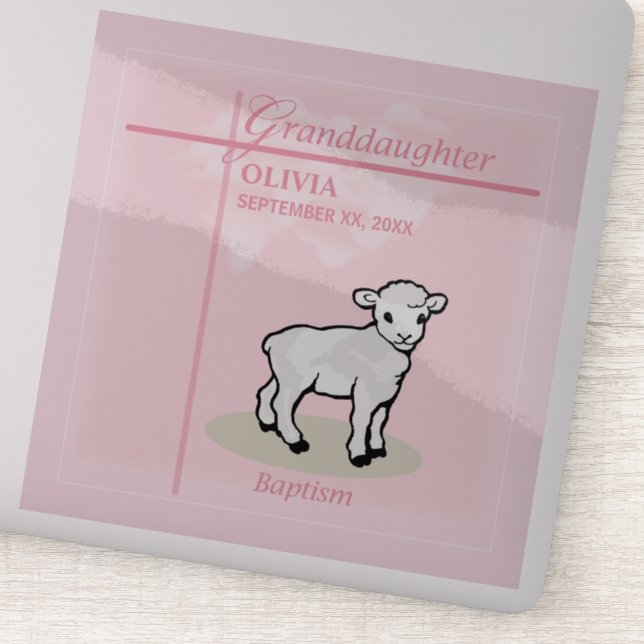 Enkelin Taufe Rosa Girl Lamm Name und Datum Aufkleber (Detail)