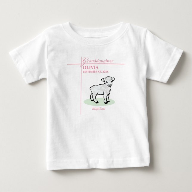 Enkelin Taufe Rosa Girl Lamm Name und Datum Baby T-shirt (Vorderseite)