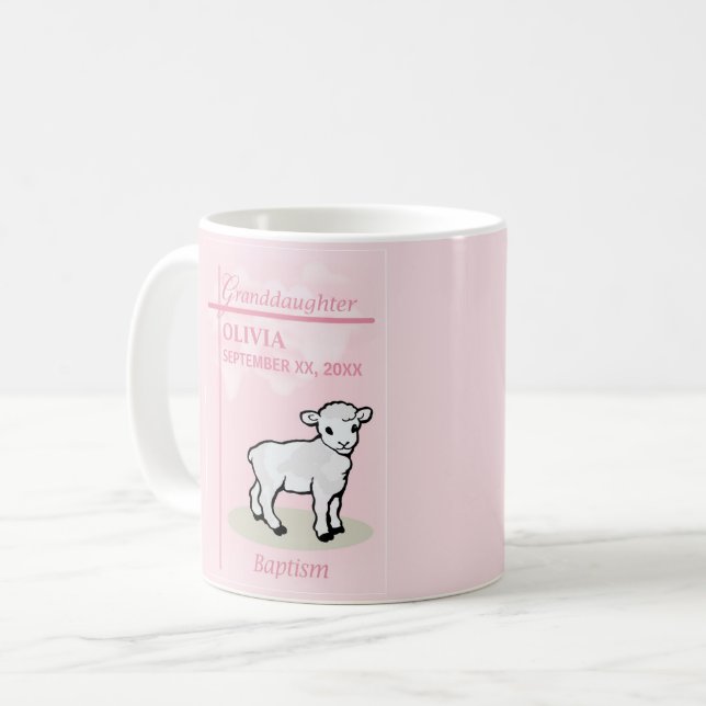 Enkelin Taufe Rosa Girl Lamm Name und Datum Kaffeetasse (Vorderseite Links)