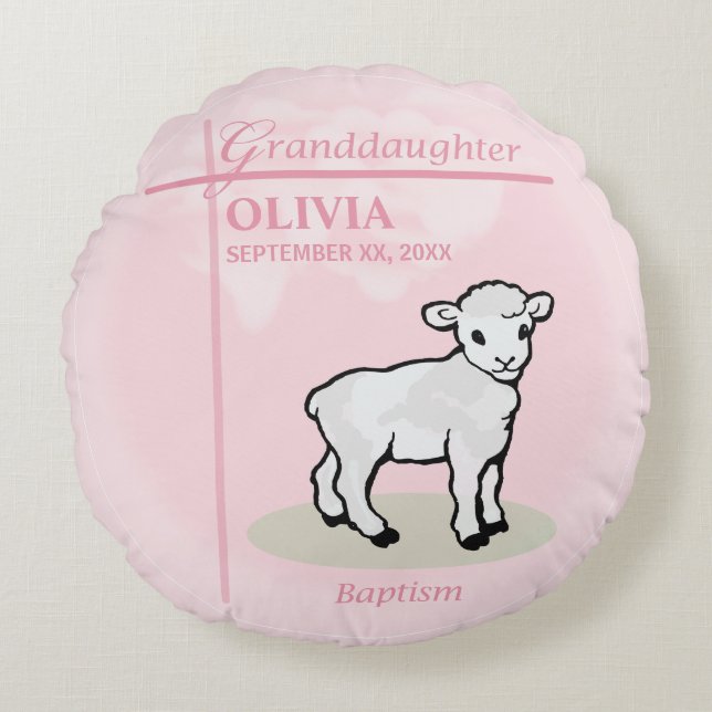 Enkelin Taufe Rosa Girl Lamm Name und Datum Rundes Kissen (Vorderseite)