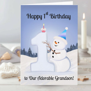 Enkelkind Glücklicher 1. Geburtstag Schneemann Bau Karte