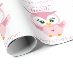 Enkeltochter erster Geburtstag Süße rosa Eule Geschenkpapier
