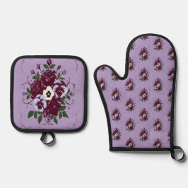 Ensemble de Cuisine Floral - Manique et Gant Lilas Ofenhandschuh & Topflappen-Set