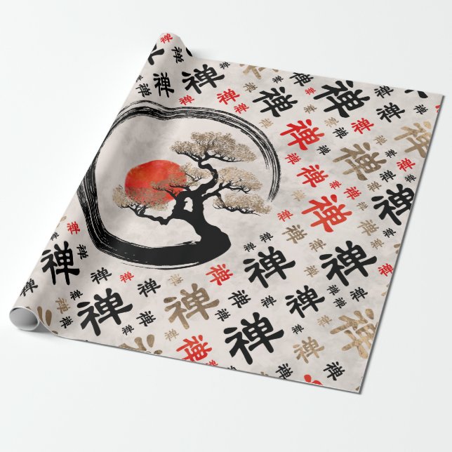 Enso Circle Bonsai Tree on Zen Symbol Muster Geschenkpapier (Ungerollt)