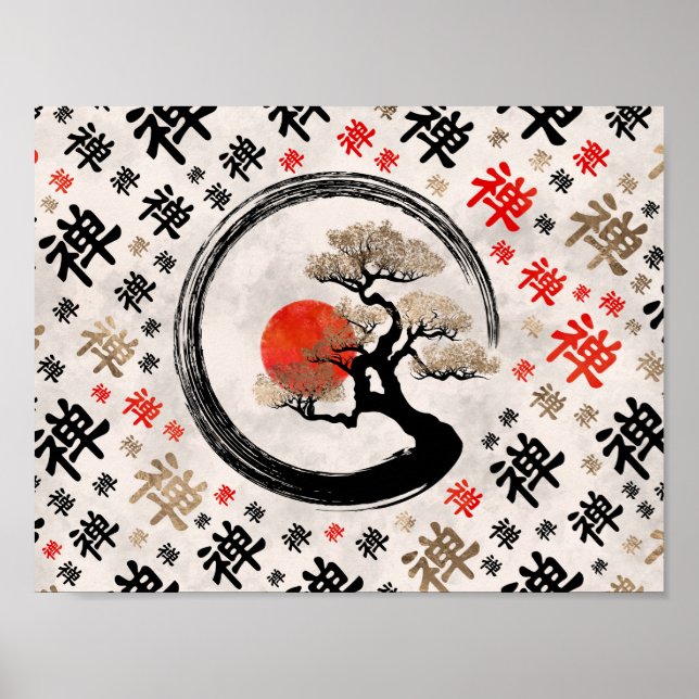 Enso Circle Bonsai Tree on Zen Symbol Muster Poster (Vorne)