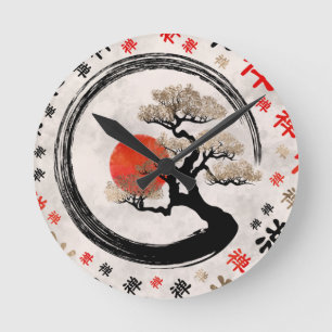 Enso Circle Bonsai Tree on Zen Symbol Muster Runde Wanduhr