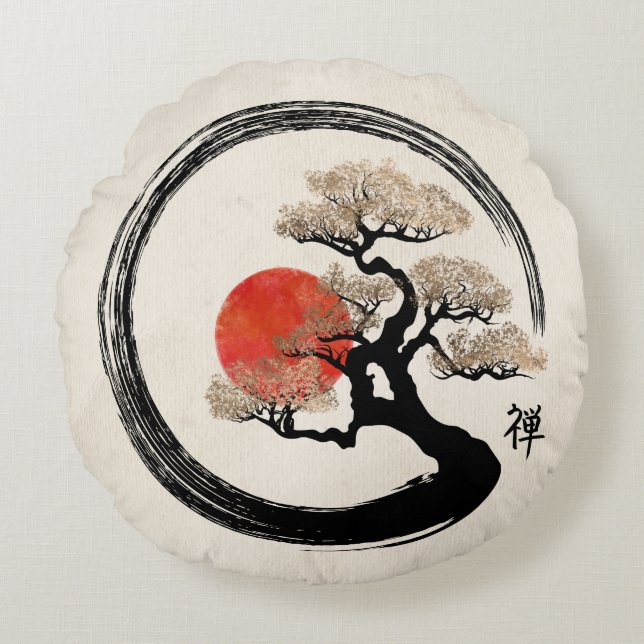 Enso Circle und Bonsai Tree auf Leinwand Rundes Kissen (Vorderseite)