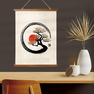 Enso Circle und Bonsai Tree auf Leinwand Wandteppich Mit Holzrahmen