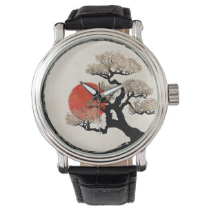 Enso Kreis und Bonsais-Baum auf Leinwand Armbanduhr