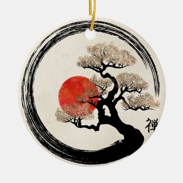 Enso Kreis und Bonsais-Baum auf Leinwand Keramik Ornament (Vorne)