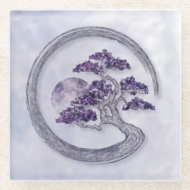 Enso Zen Circle Amethyst Bonsai Tree Glasuntersetzer (Vorderseite)