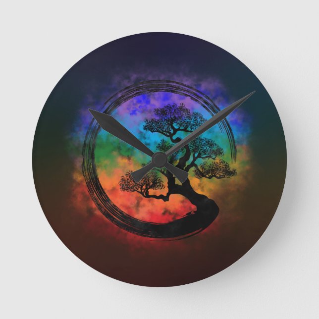 Enso Zen Circle and Bonsai Tree Nebula Runde Wanduhr (Vorderseite)