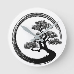 Enso Zen Circle and Bonsai Tree Runde Wanduhr