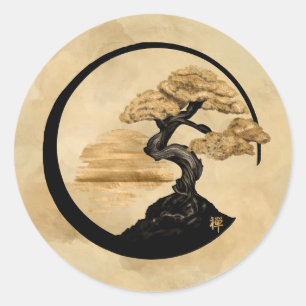 Enso Zen Circle Bonsai - Goldener Sonnenaufgang Runder Aufkleber
