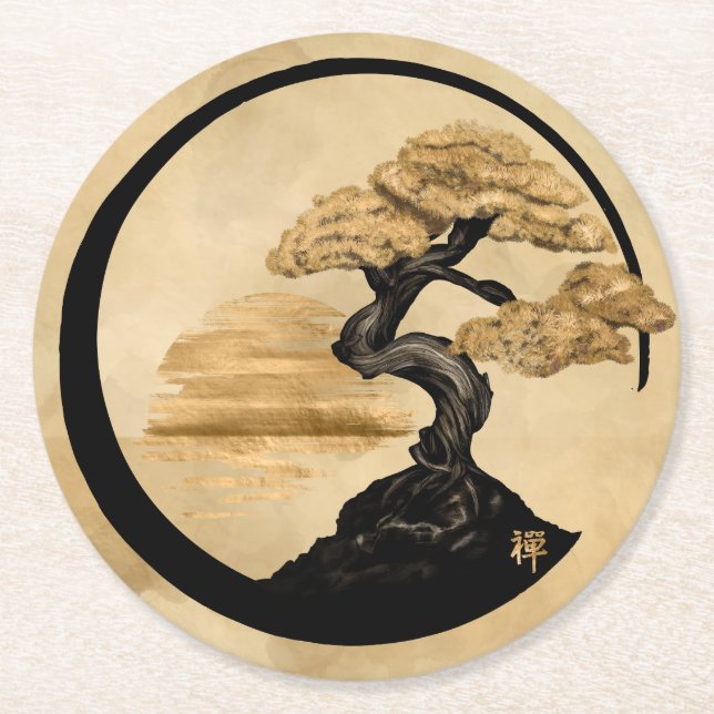 Enso Zen Circle Bonsai - Goldener Sonnenaufgang Runder Pappuntersetzer (Vorderseite)