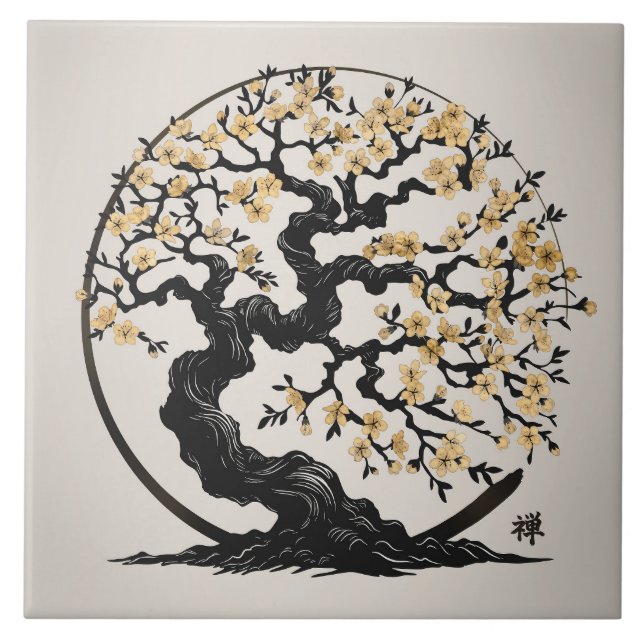 Enso Zen Circle Sakura tree - Golden Blossom Fliese (Vorderseite)