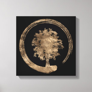 Enso Zen-Kreis und Baum - Gold auf Schwarzem Leinwanddruck