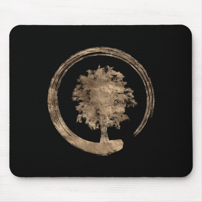 Enso Zen-Kreis und Baum - Gold auf Schwarzem Mousepad (Vorne)
