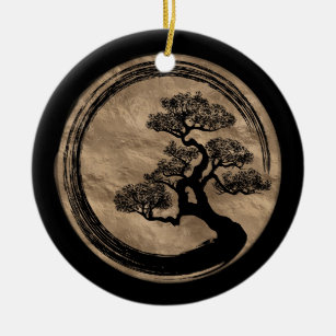 Enso Zen-Kreis und Bonsais-Baum-Gold Keramik Ornament