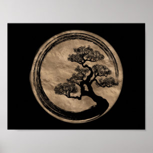Enso Zen-Kreis und Bonsais-Baum-Gold Poster
