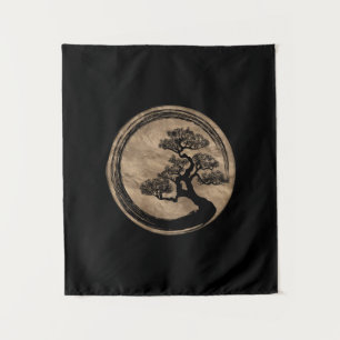 Enso Zen-Kreis und Bonsais-Baum-Gold Wandteppich