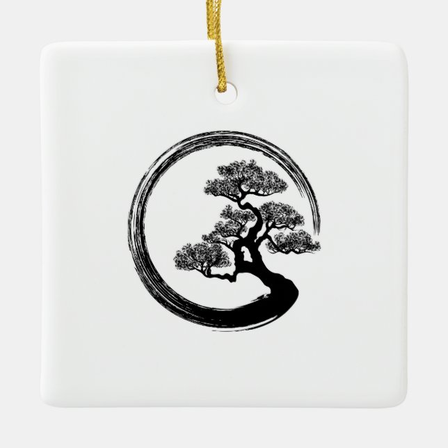 Enso Zen-Kreis und Bonsais-Baum Keramikornament (Vorderseite)