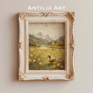 Entchen-Bergwiesen-Landschaft Vintage Natur Poster