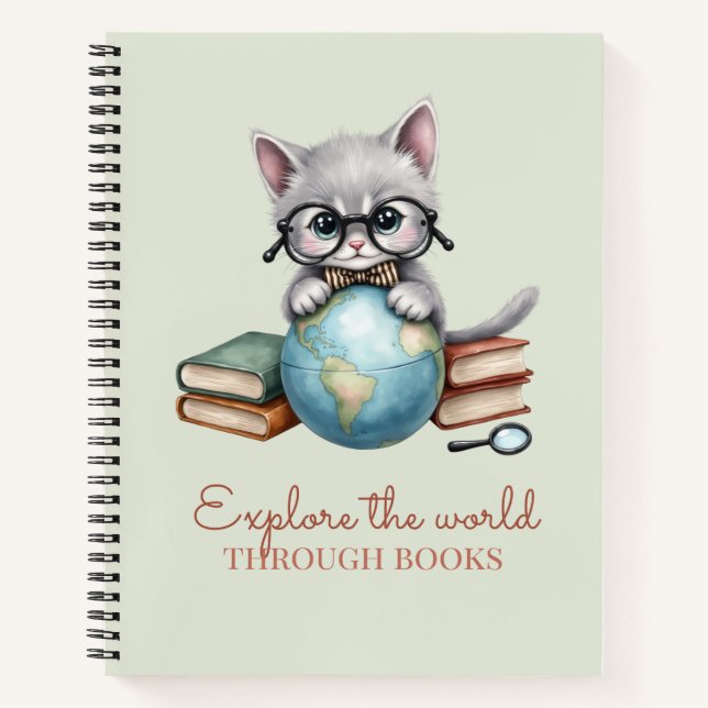 "Entdecke die Welt durch Bücher" Niedlich Kitten Notizbuch (Vorderseite)